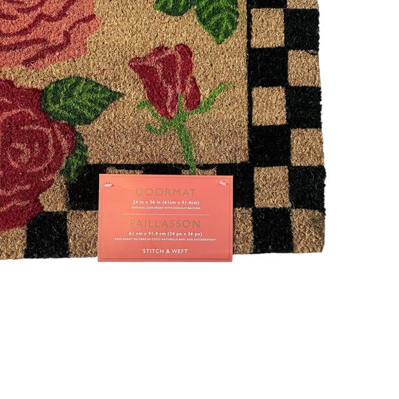 Pop of Color Floral Coir Doormat 24x36 Checkered Border Non Slip NEW - Picture 6 of 11